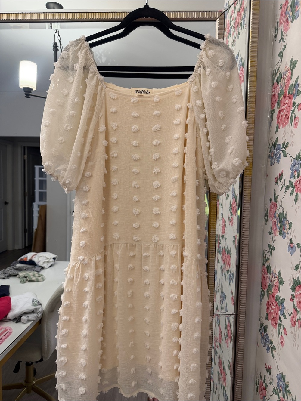 Listicle Cream Swiss Dot Midi Dress with Puff Sleeves